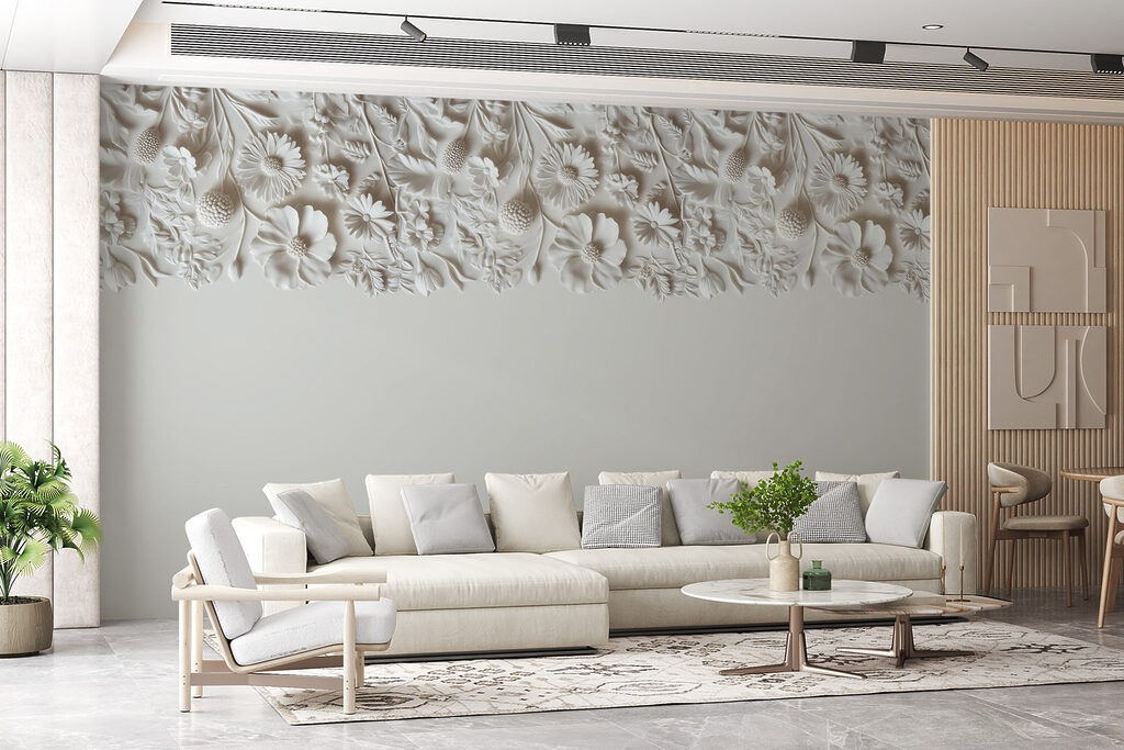 White floral design on a wall White floral design on a wall