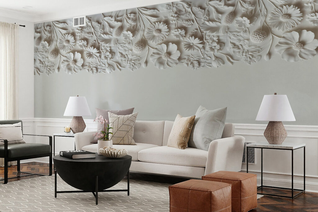 White floral design on a wall White floral design on a wall