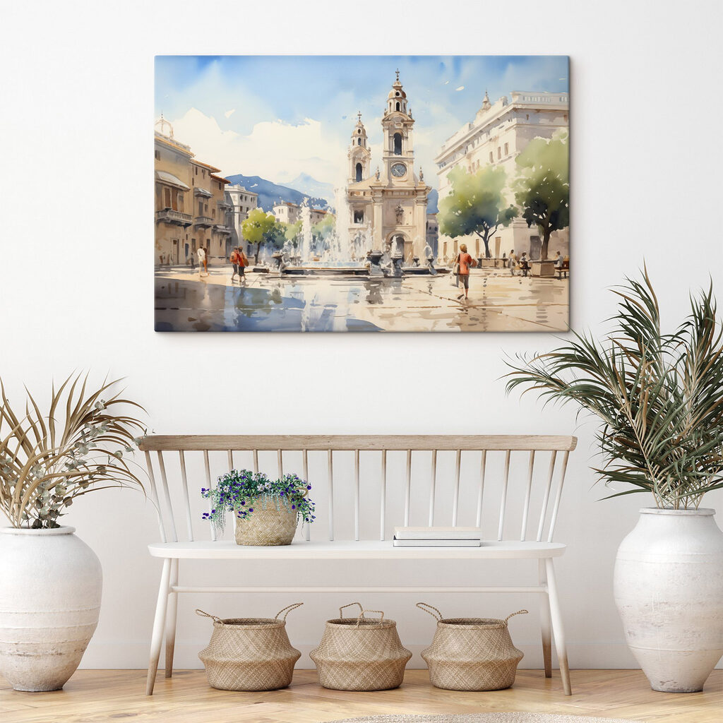 Watercolor of a building with a fountain in front of it