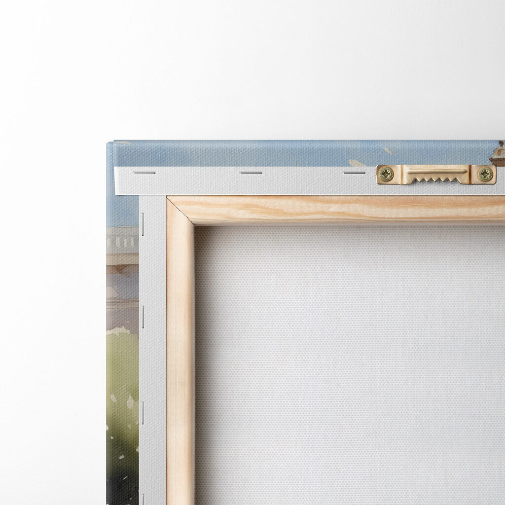 Watercolor of a building with a fountain in front of it