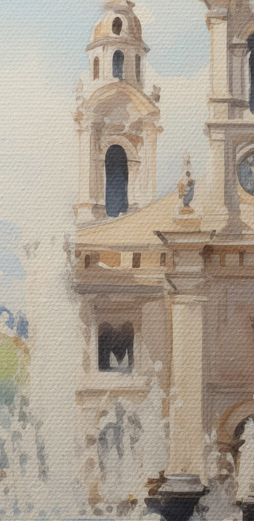 Watercolor of a building with a fountain in front of it