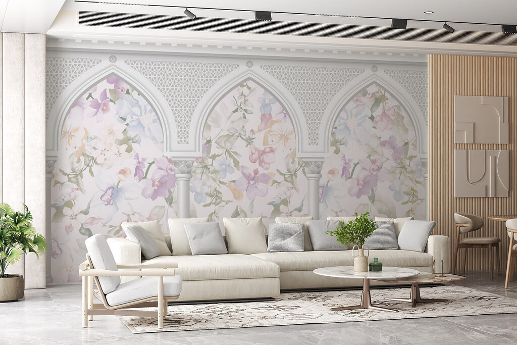 Wallpaper with flowers and arches