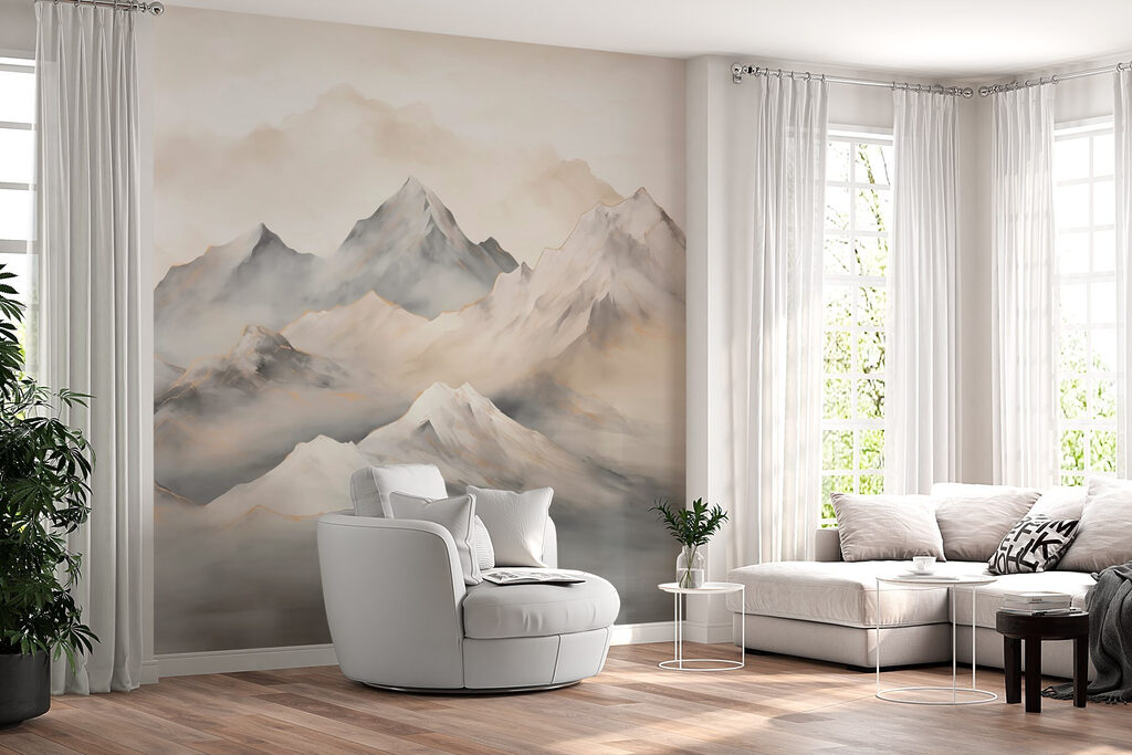 Painting of mountains with clouds