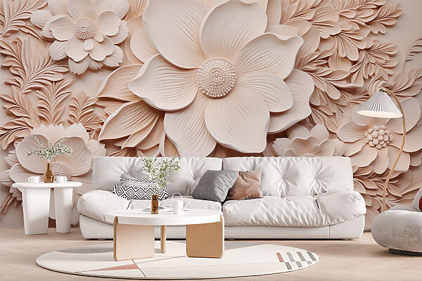 White flowers and leaves on a wall