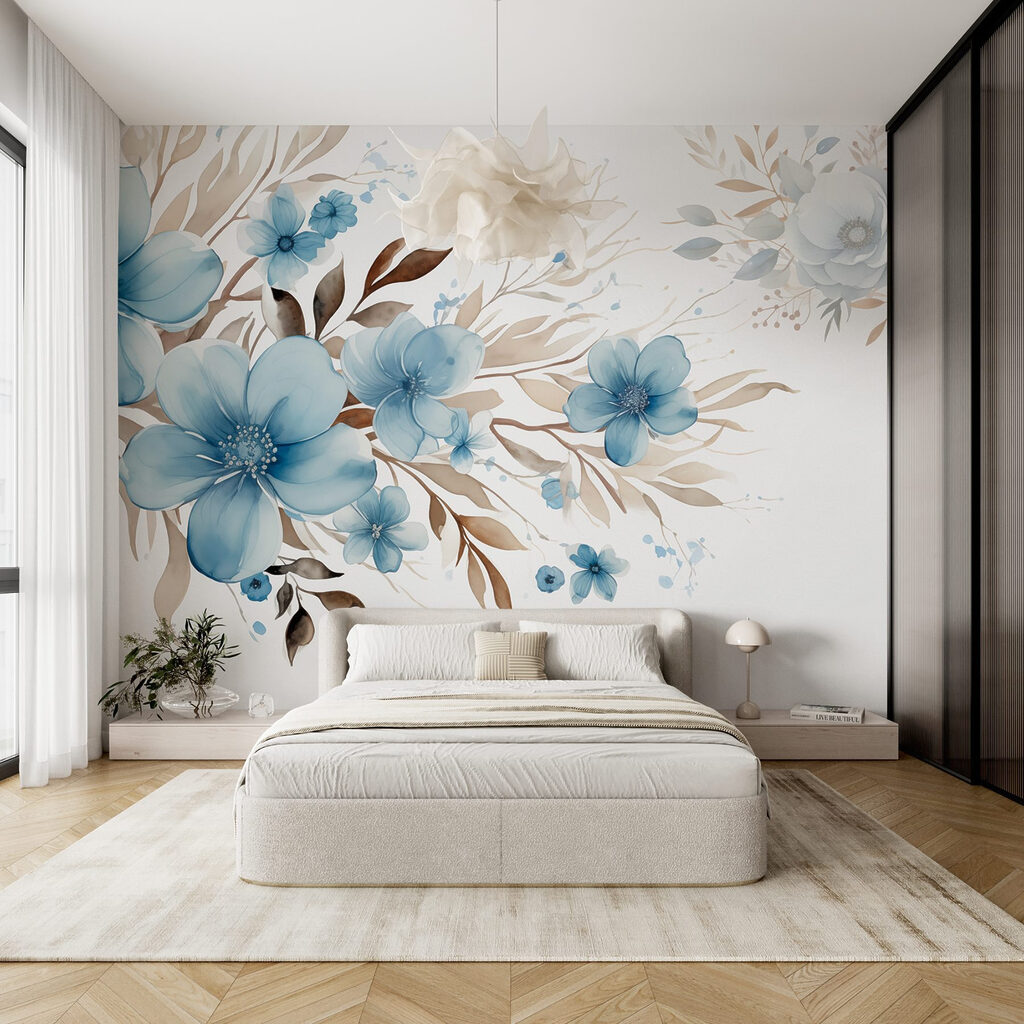 Painting of blue flowers and brown leaves