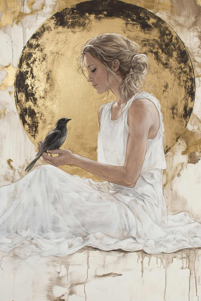 Woman in a white dress holding a bird Woman in a white dress holding a bird