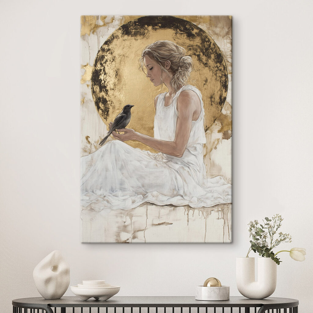 Woman in a white dress holding a bird Woman in a white dress holding a bird