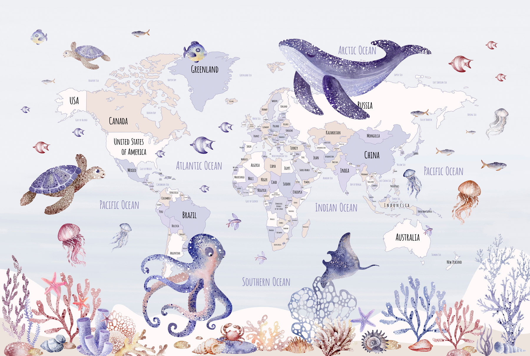 Map of the world with sea animals Map of the world with sea animals