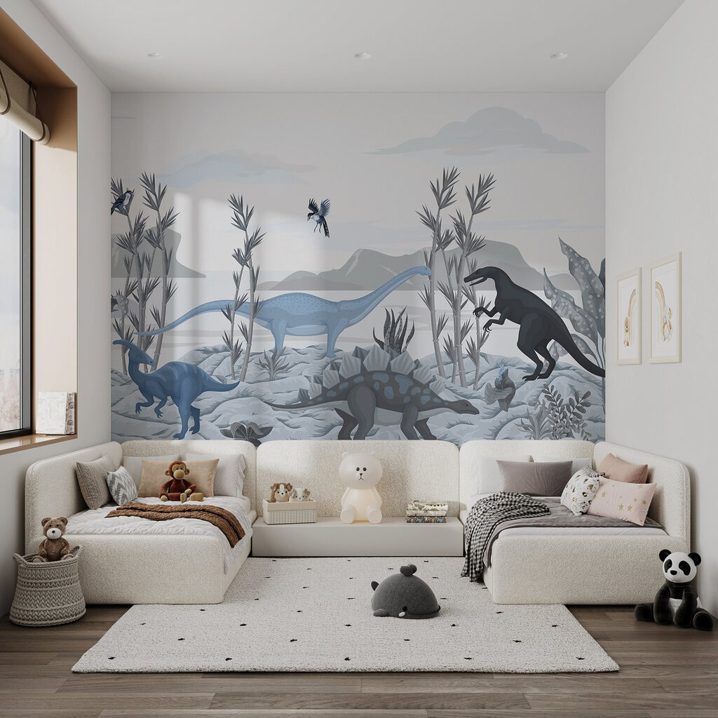 Group of dinosaurs in a landscape