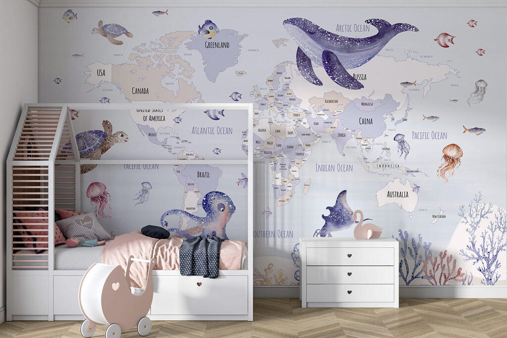 Map of the world with sea animals Map of the world with sea animals