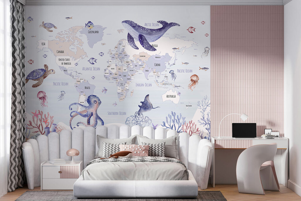 Map of the world with sea animals Map of the world with sea animals