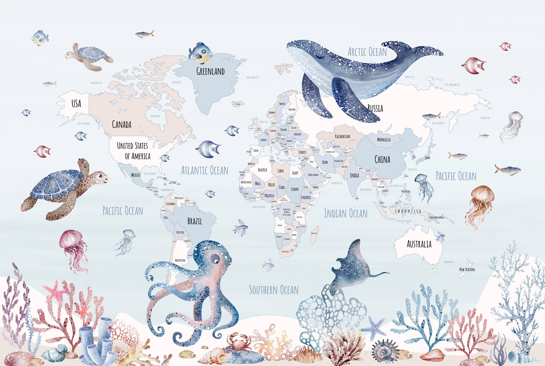 Map of the world with sea animals
