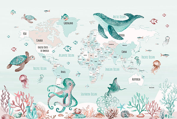 Map of the world with sea animals