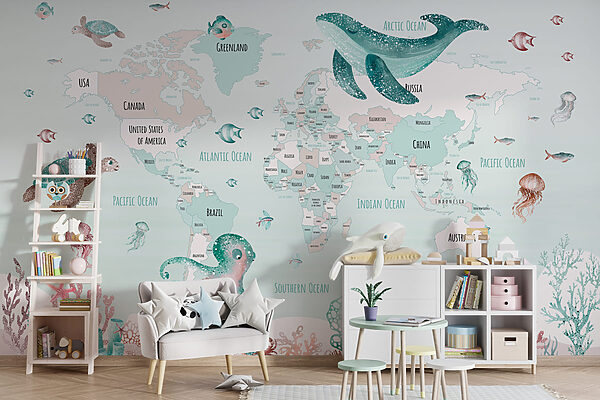 Map of the world with sea animals