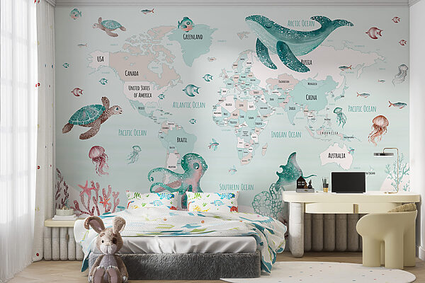 Map of the world with sea animals