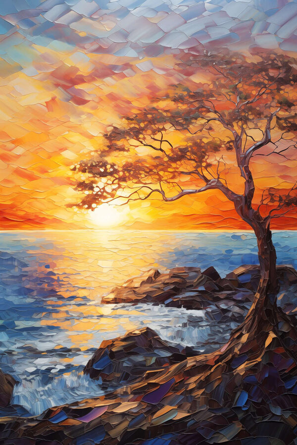 Tree on a rocky shore with a sunset behind it Tree on a rocky shore with a sunset behind it