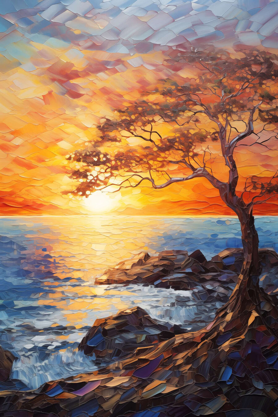 Tree on a rocky shore with a sunset behind it Tree on a rocky shore with a sunset behind it