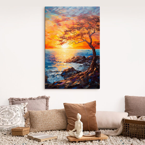 Tree on a rocky shore with a sunset behind it Tree on a rocky shore with a sunset behind it