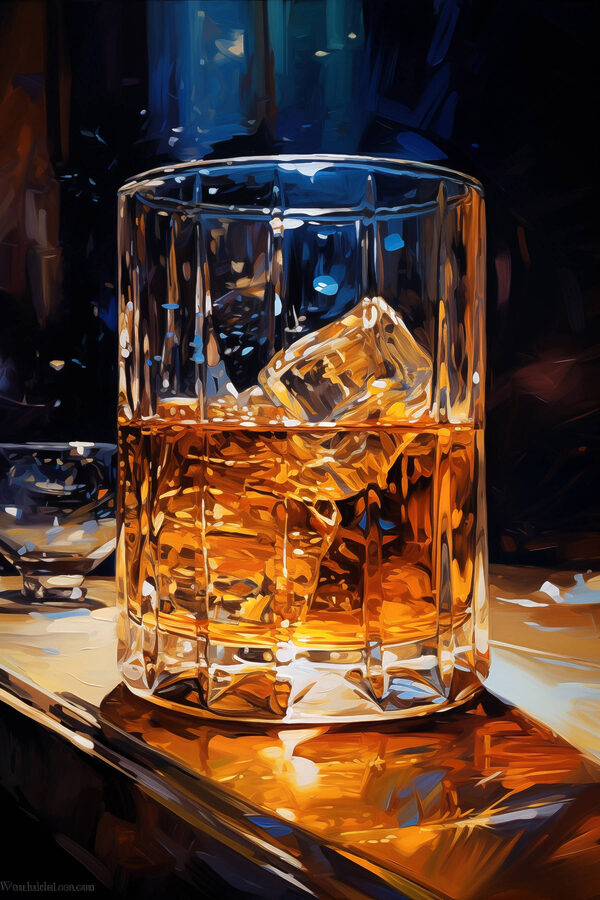 Glass of amber liquid with ice cubes Glass of amber liquid with ice cubes