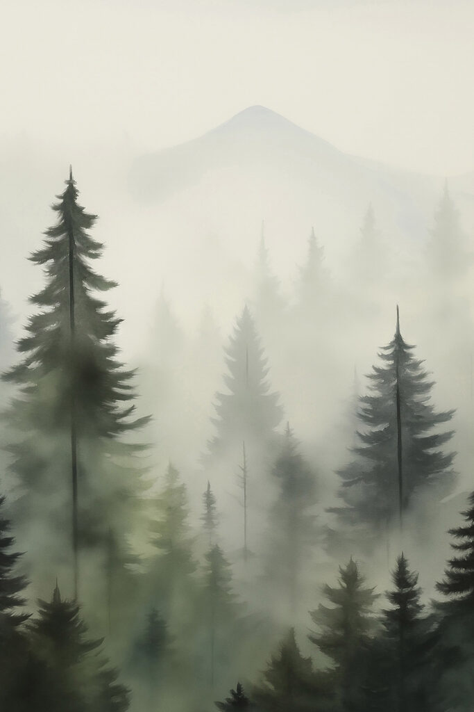 Foggy forest with trees and a mountain in the background Foggy forest with trees and a mountain in the background