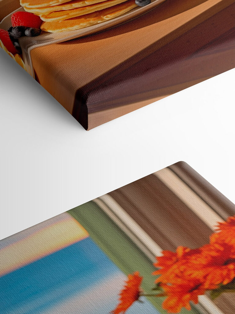 Stack of pancakes with berries and a glass of juice on a table