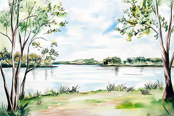Watercolor of a lake with trees and grass Watercolor of a lake with trees and grass
