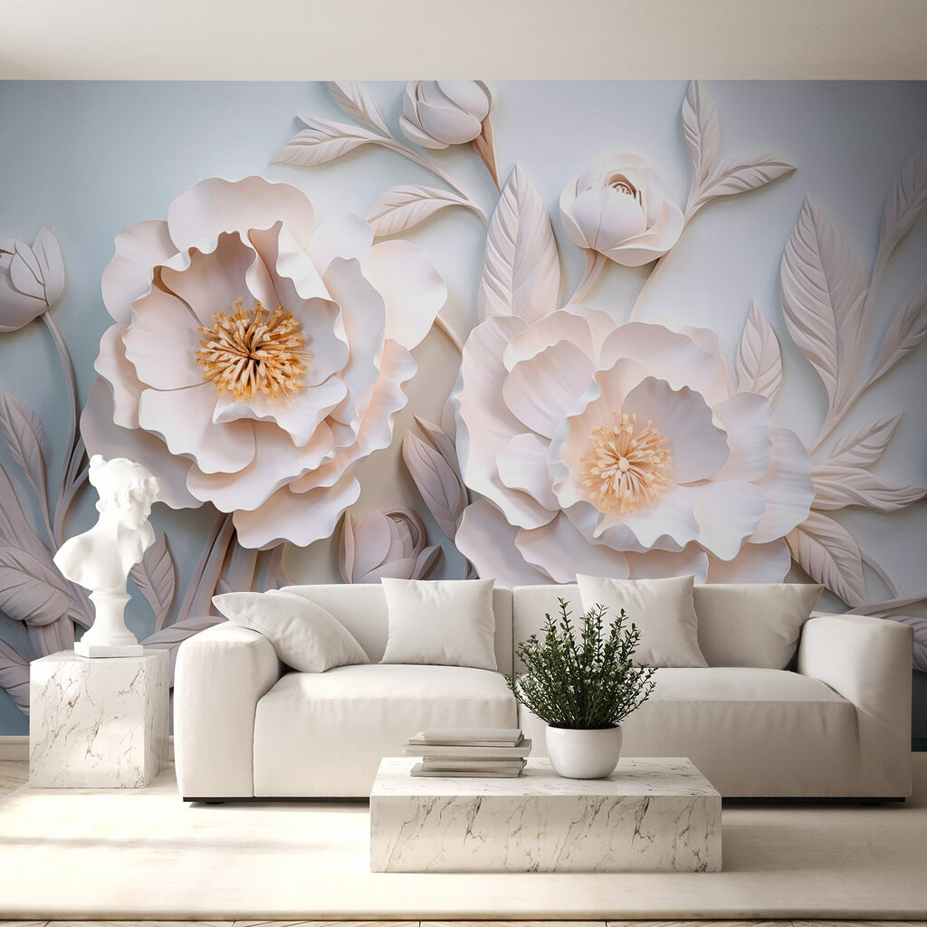 White flowers and leaves on a white surface