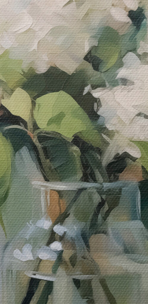 Painting of a bouquet of white flowers in a glass jar