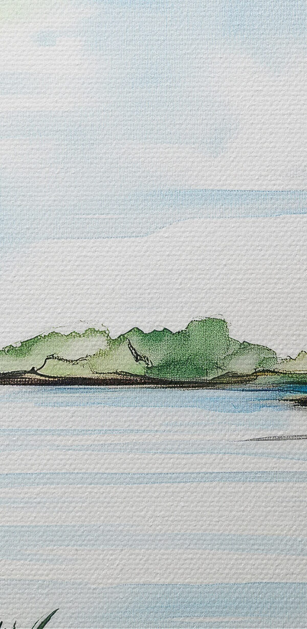 Watercolor of a lake with trees and grass Watercolor of a lake with trees and grass