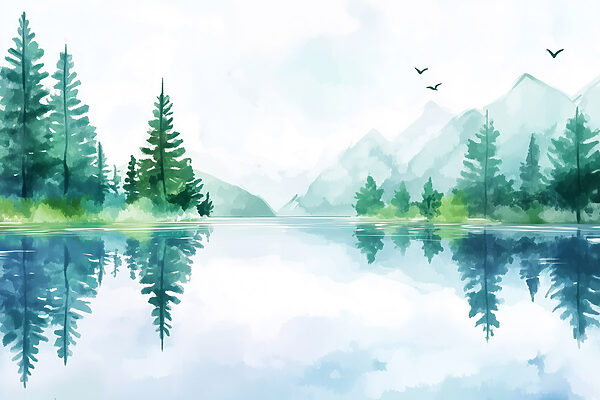 Water with trees and mountains in the background Water with trees and mountains in the background