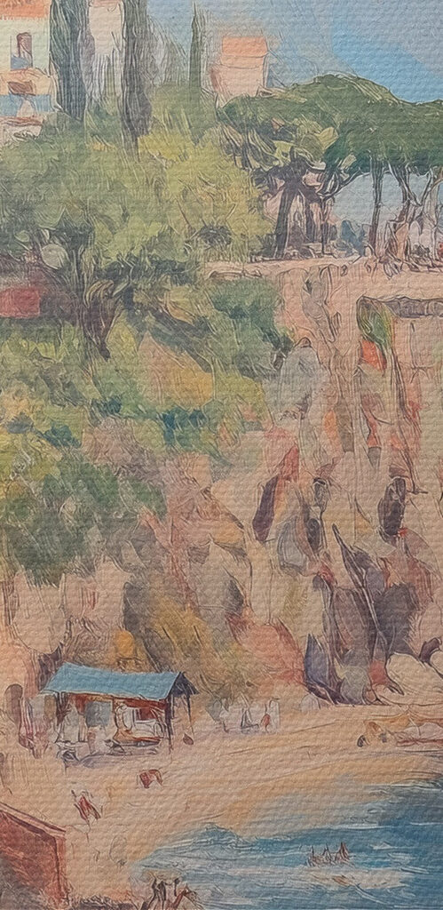 Painting of a town on a cliff by the water