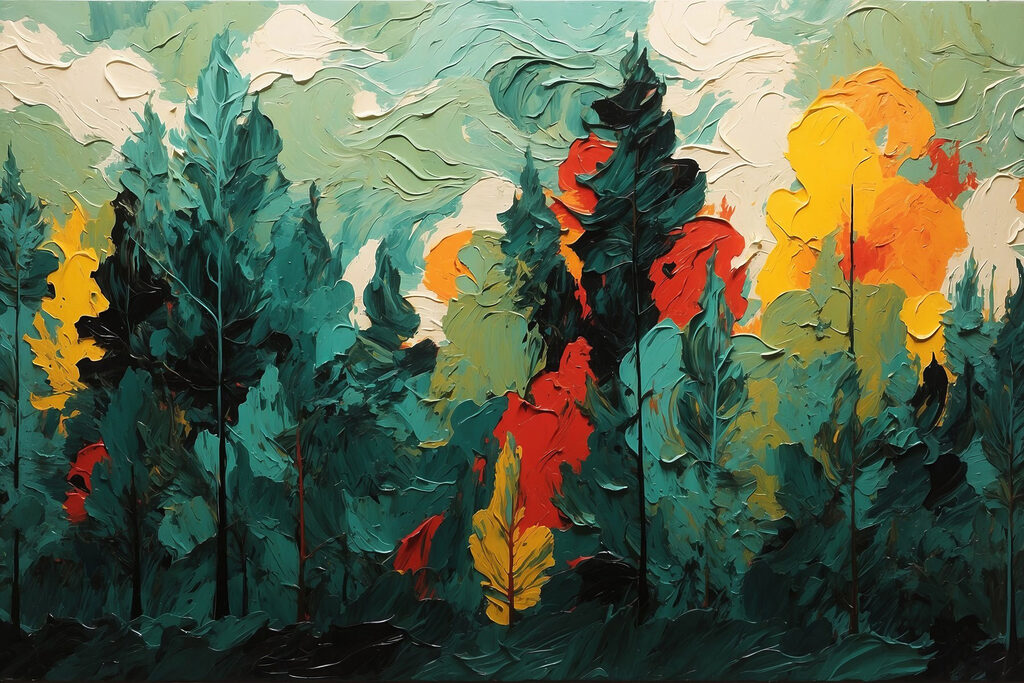 Painting of trees and sun