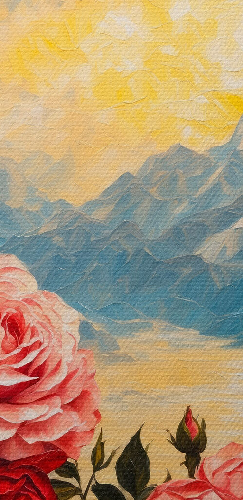Painting of flowers and mountains