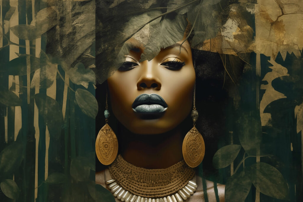 Enigmatic face amidst lush greenery