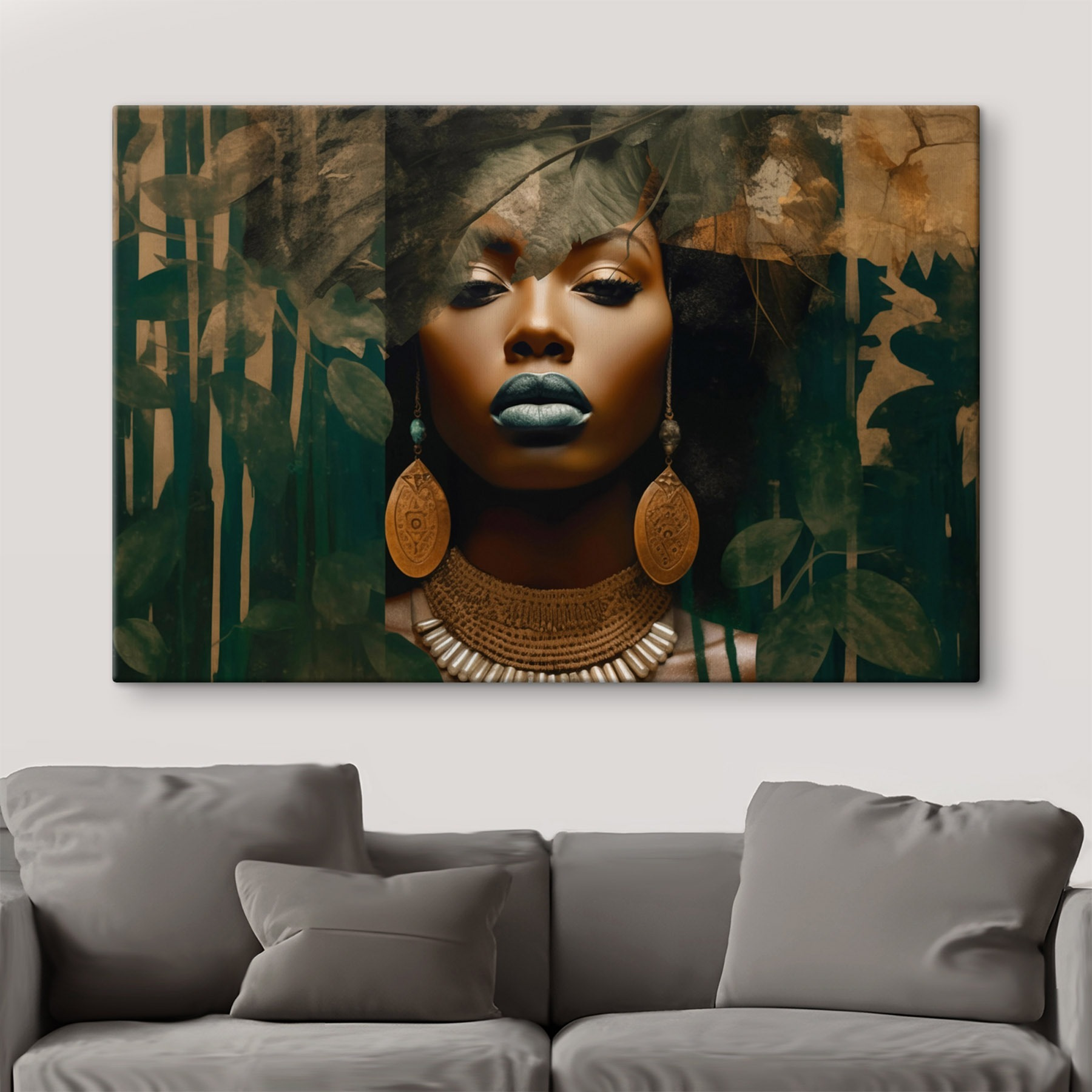 Enigmatic face amidst lush greenery