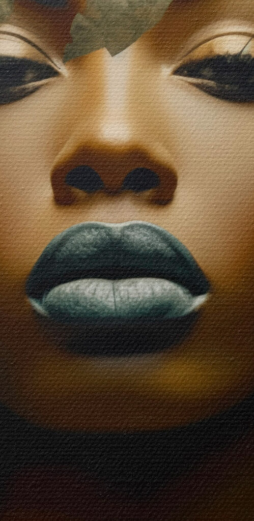 Enigmatic face amidst lush greenery