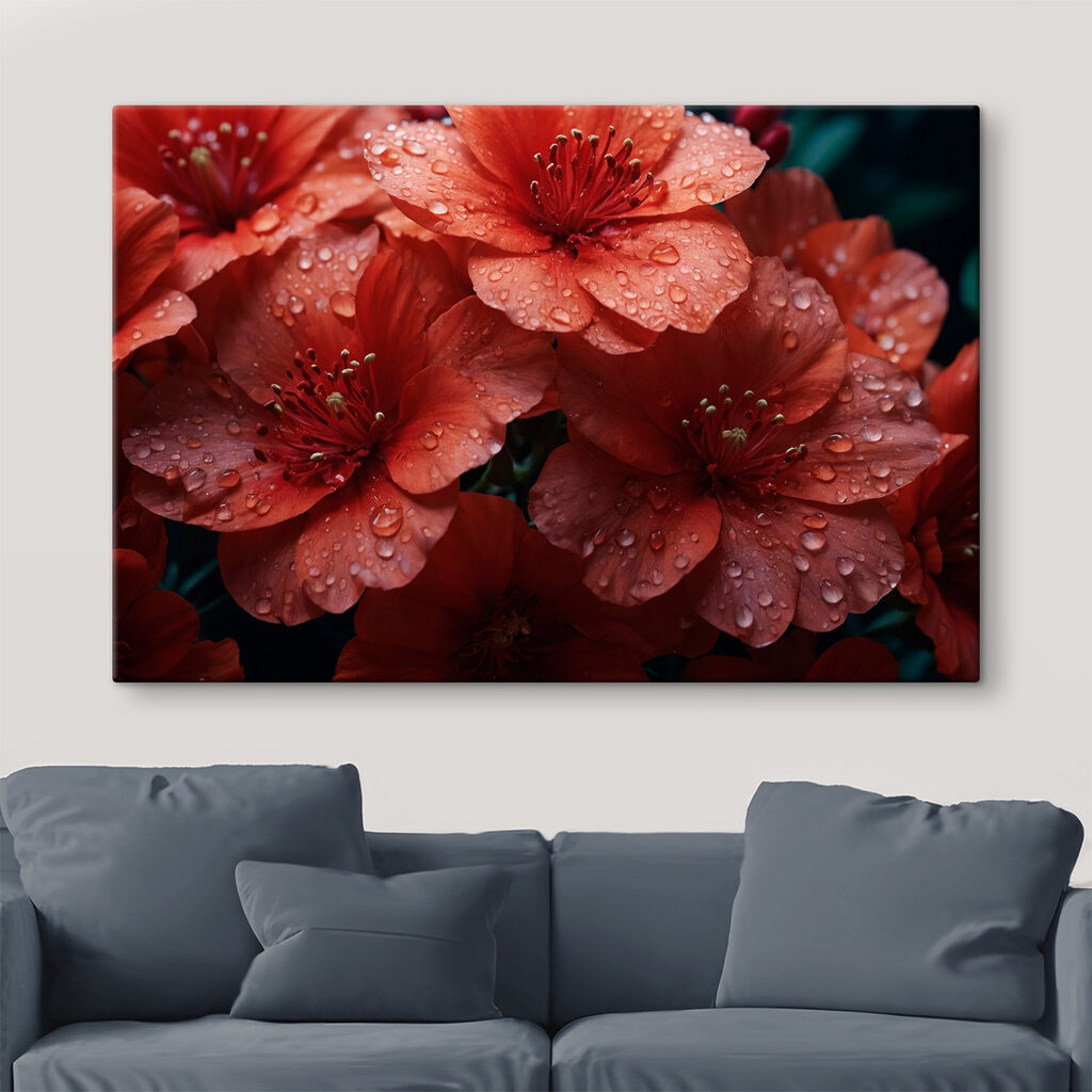 Group of red flowers with water droplets