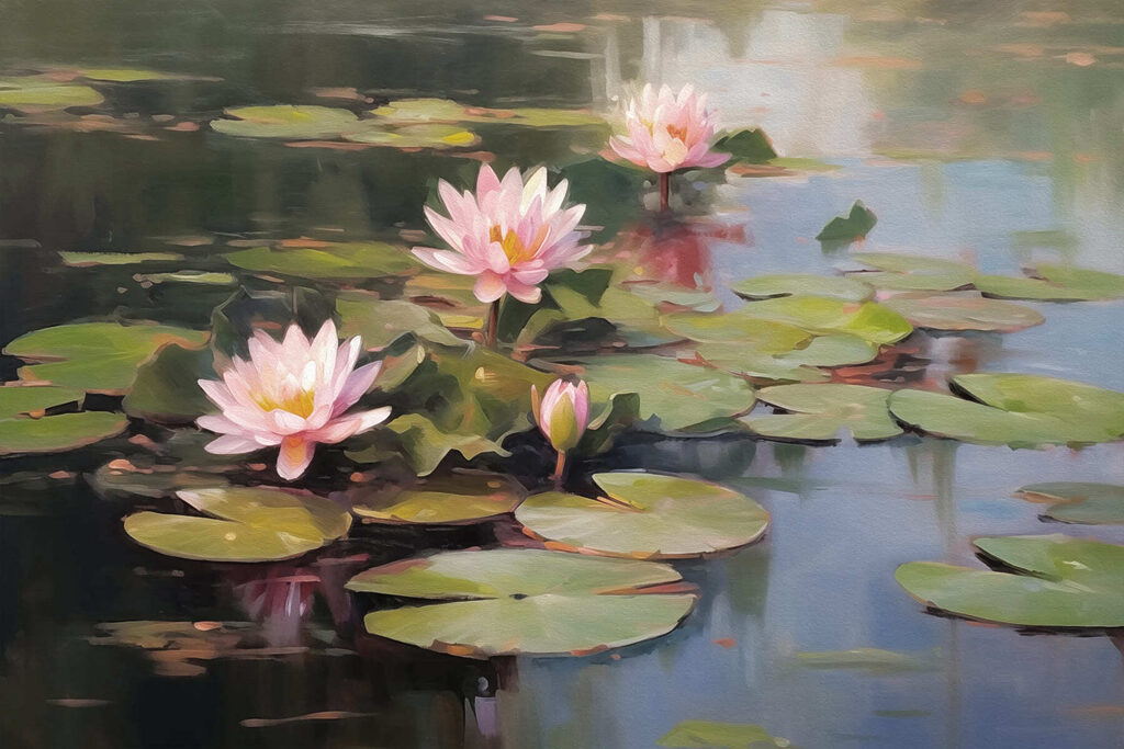 Group of pink flowers on lily pads