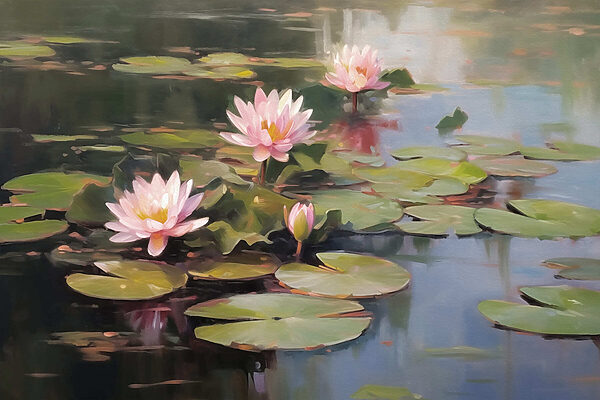 Group of pink flowers on lily pads