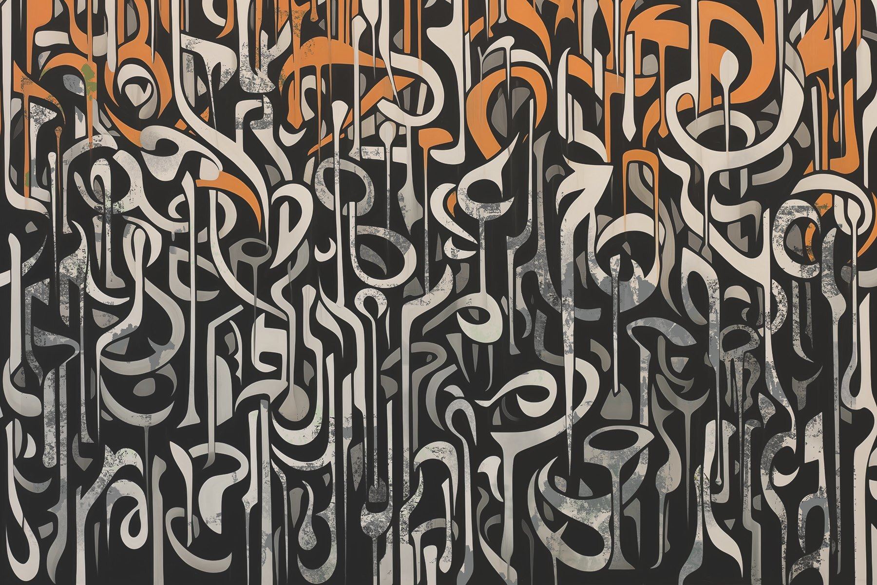 Black and white art with orange and white lines