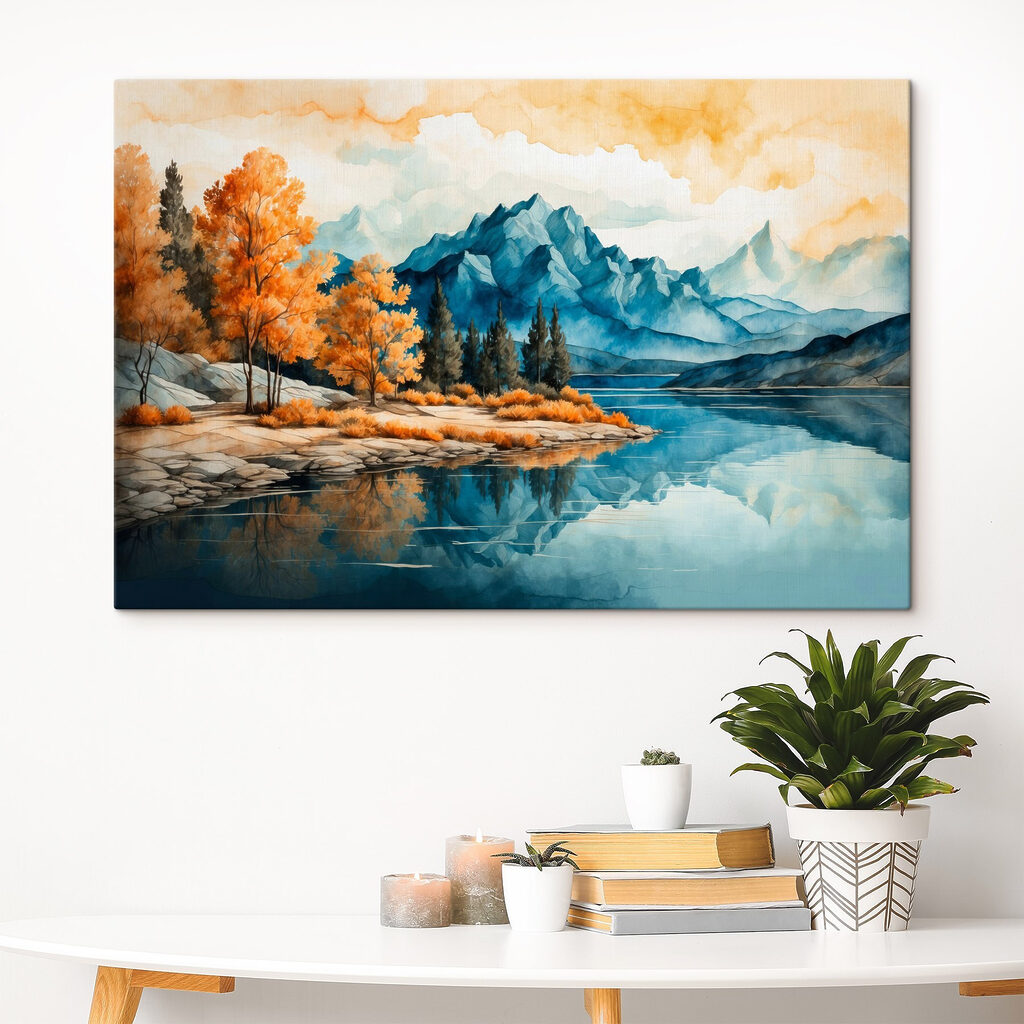 Watercolor painting of a lake with trees and mountains