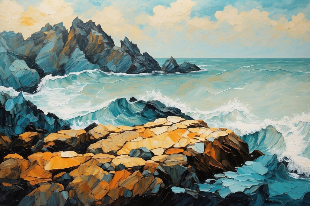 Painting of waves crashing on rocks