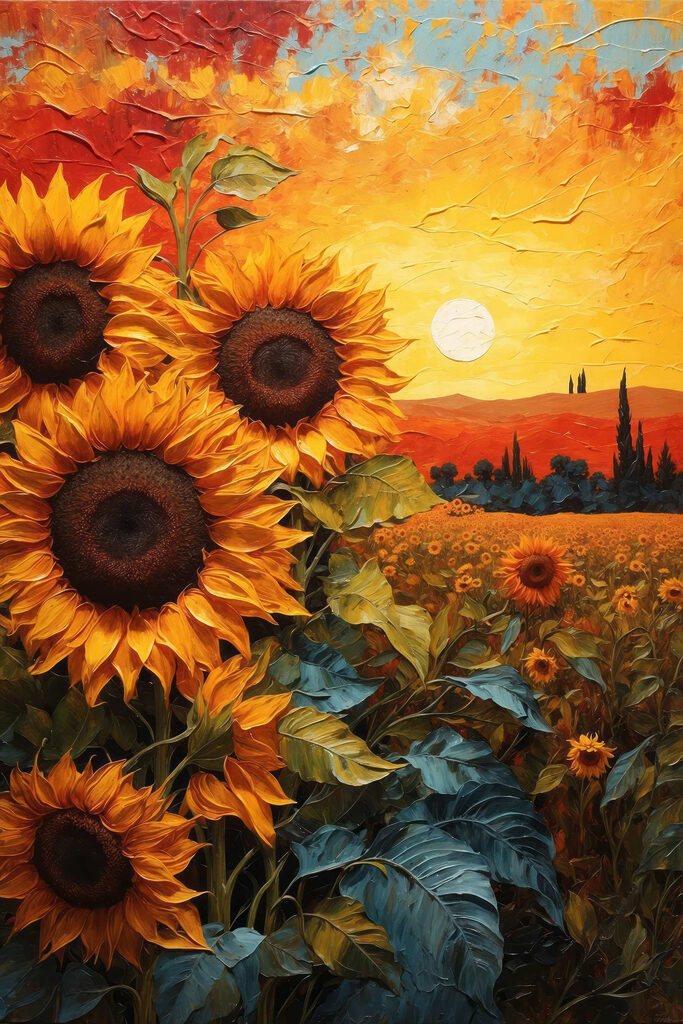 Painting of sunflowers in a field Painting of sunflowers in a field