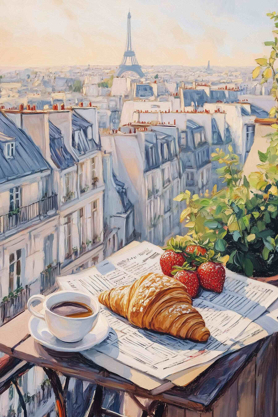 Breakfast on a table with a cup of coffee and strawberries Breakfast on a table with a cup of coffee and strawberries