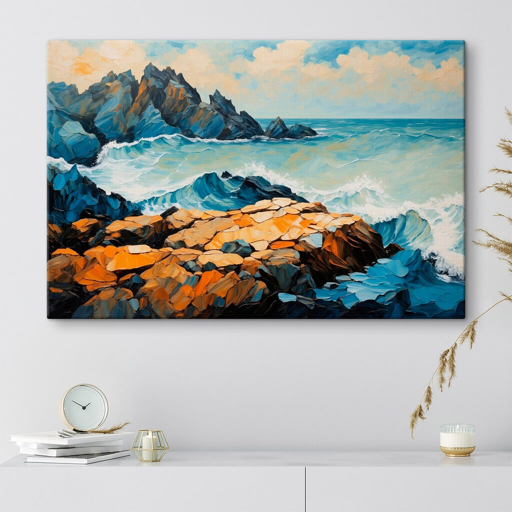 Painting of waves crashing on rocks