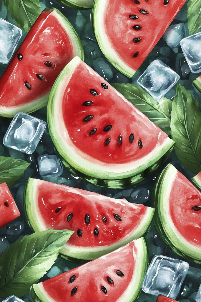 Watermelon slices and ice cubes on a surface