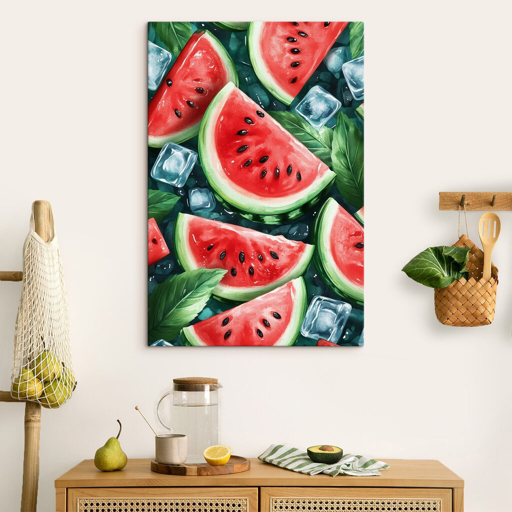 Watermelon slices and ice cubes on a surface