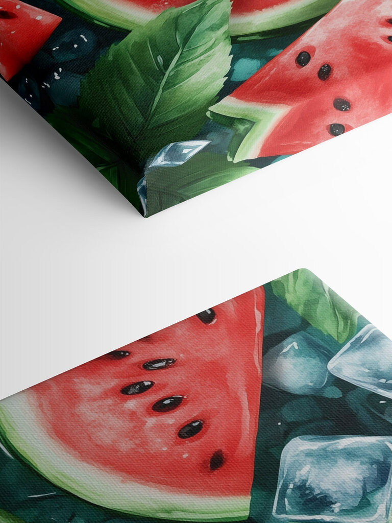 Watermelon slices and ice cubes on a surface