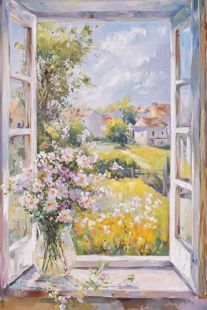 Painting of a window with flowers in it Painting of a window with flowers in it