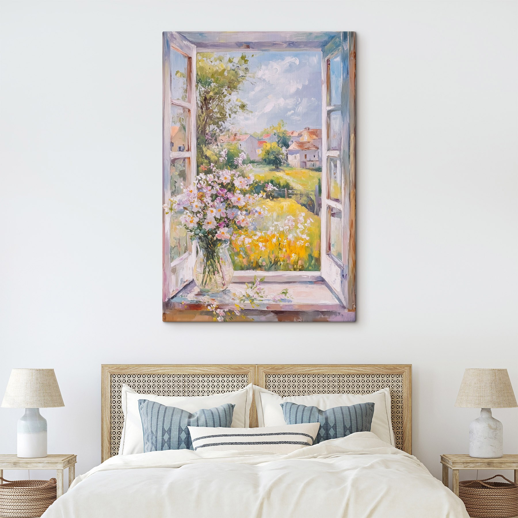 Painting of a window with flowers in it Painting of a window with flowers in it